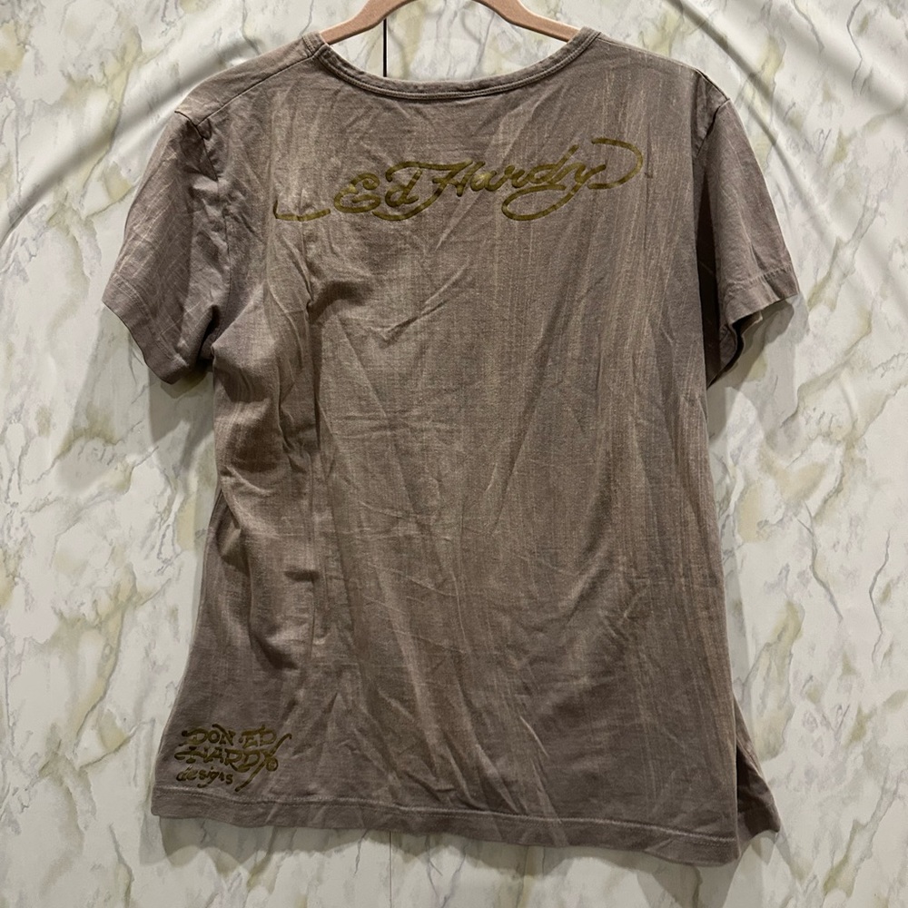 Ed Hardy Y2K vintage tee skull rose red green gold grey casual short sleeve Med - Picture 7 of 9